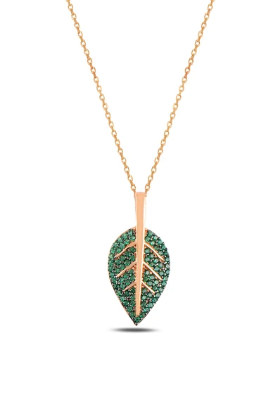 ÇEKİRDEK JEWELRY Yeşil Taşlı Yaprak Kolye 925 Ayar Gümüş Rose Kaplama Zarif Kadın Kolyesi ürün görseli 1