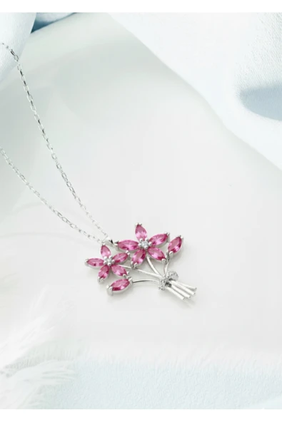 ÇEKİRDEK JEWELRY 925 Ayar Gümüş Pembe Taşlı Buket Kolye ürün görseli 1