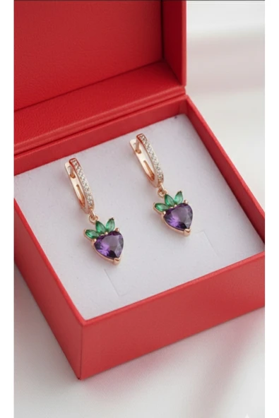 ÇEKİRDEK JEWELRY 925 Ayar Gümüş Mortaşli Kalplı Çilek Küpe ürün görseli 1