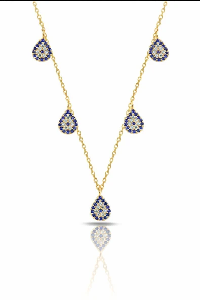 ÇEKİRDEK JEWELRY 925 Ayar Gümüş Sarı Altın Kaplama Lacivert Taşlı Damla Kolye – Zarif Tasarım ürün görseli 1