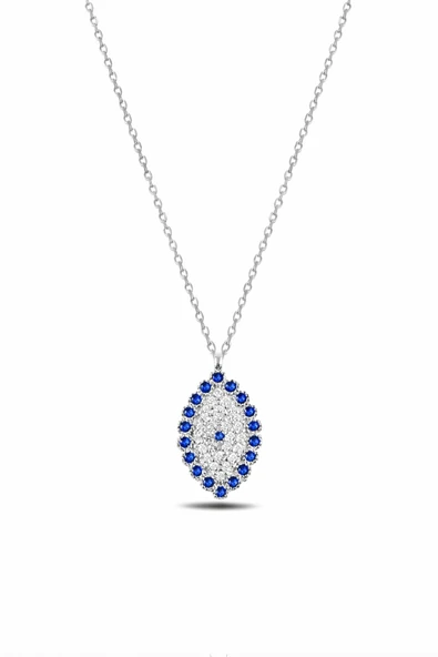 ÇEKİRDEK JEWELRY 925 Ayar Gümüş Rodyum Kaplama Safir Taşlı Oval Kolye – Zirkon Pırlanta Görünümlü ürün görseli 1