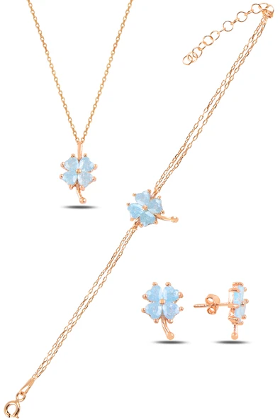 ÇEKİRDEK JEWELRY 925 Ayar Gümüş Rose Açık Mavi Taşlı Yonca Takı Seti ürün görseli 1
