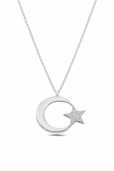 ÇEKİRDEK JEWELRY 925 Ayar Gümüş Ay Yıldız Taşlı Kolye – Zirkon Taşlı Şık Kadın Kolye ürün görseli 1