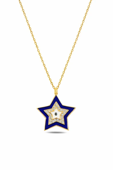 ÇEKİRDEK JEWELRY 925 Ayar Gümüş Sarı Kaplama Mavi Mineli Yıldız Kolye – Zirkon Taşlı Şık Tasarım ürün görseli 1