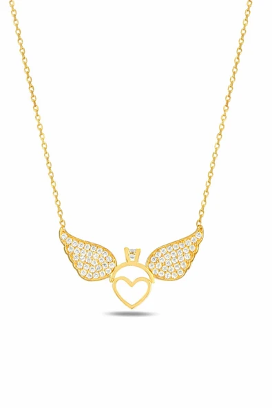 ÇEKİRDEK JEWELRY 925 Ayar Gümüş Gold Kaplama Melek Kanatlı Kalp Kolye Taşlı Zarif Tasarım ürün görseli 1