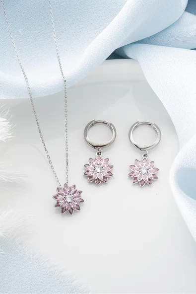 ÇEKİRDEK JEWELRY 925 Ayar Gümüş Lotus Kolye Küpe Seti ürün görseli 1
