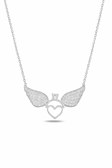 ÇEKİRDEK JEWELRY 925 Ayar Gümüş Rodyum Kaplama Melek Kanatlı Kalp Kolye Taşlı Zarif Tasarım ürün görseli 1