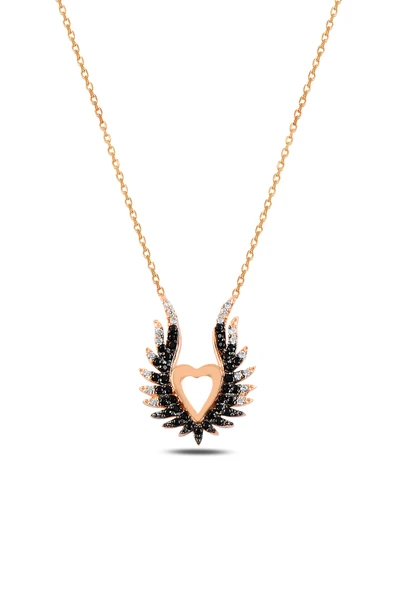 ÇEKİRDEK JEWELRY 925 Ayar Gümüş Siyah Taşlı Melek Kanatlı Kalp Kolye – Zirkon Taşlı Şık ve Zarif Kadın Kolye ürün görseli 1