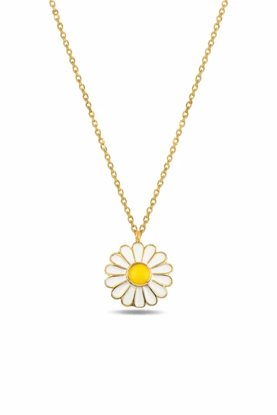 ÇEKİRDEK JEWELRY 925 Ayar Gümüş Sarı Altın Kaplama Papatya Kolye Beyaz Mineli Çiçek Model ürün görseli 1