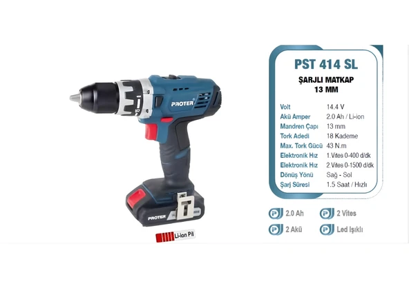 Proter PST 414 SL 13 mm 14.4 V 2.0 Ah Li-ion Pil 2 Vts.Şarjlı Matkap P1EA116 ürün görseli 1
