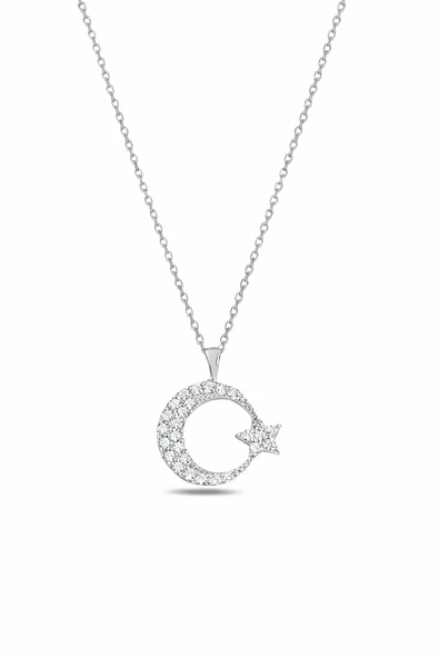 ÇEKİRDEK JEWELRY 925 Ayar Gümüş Rodyum Kaplama Zirkon Taşlı Ay Yıldız Kolye – Parlak ve Şık Tasarım ürün görseli 1