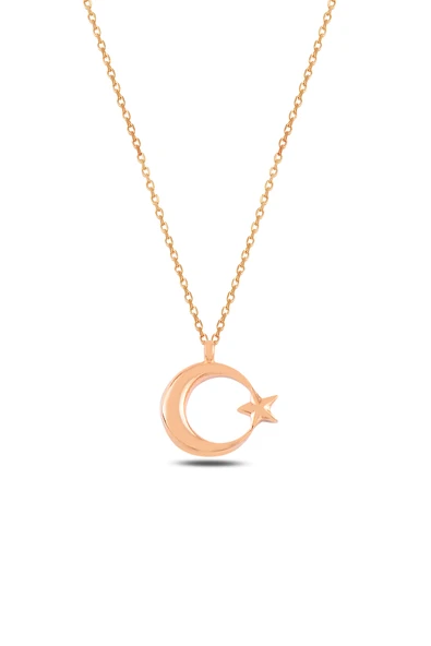 ÇEKİRDEK JEWELRY 925 Ayar Gümüş Ay Yıldız Kolye – Rose Kaplama Parlak Şık Tasarım ürün görseli 1