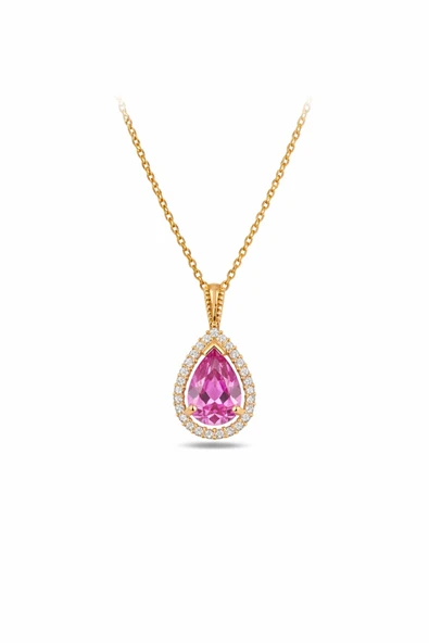 ÇEKİRDEK JEWELRY Damla Kesim Büyük Taşlı Gümüş Kolye 925 Ayar – Gold Kaplama Su Damlası Model ürün görseli 1