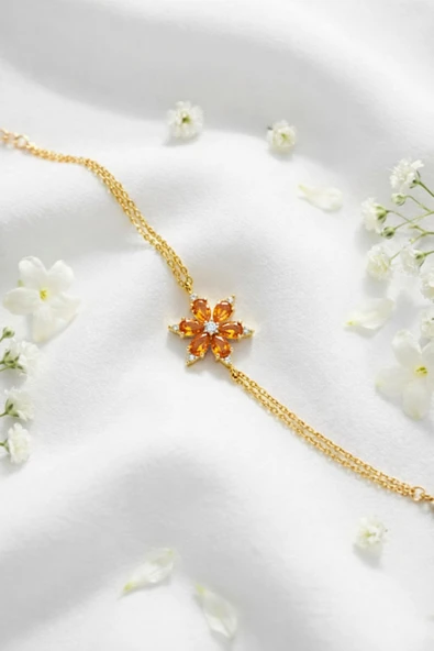 ÇEKİRDEK JEWELRY 925 Ayar Gümüş Turuncu Taşlı Lotus Bileklik ürün görseli 1