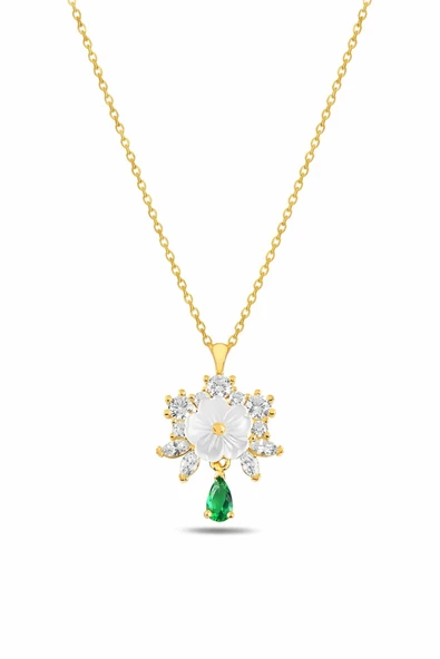 ÇEKİRDEK JEWELRY 925 Ayar Gümüş Gold Kaplama Çiçek Kolye – Zümrüt Damla Taşlı ürün görseli 1