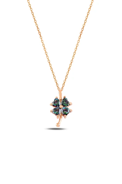 ÇEKİRDEK JEWELRY 925 Ayar Gümüş Rose Mavi Taşlı Yonca Kolye – Şans Sembolü Zarif Tasarım ürün görseli 1