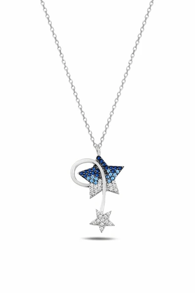 ÇEKİRDEK JEWELRY 925 Ayar Gümüş Rodyum Kaplama Yıldız Kolye – Mavi ve Beyaz Taşlı Şık Tasarım Kolye ürün görseli 1