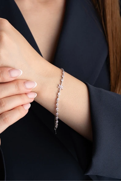ÇEKİRDEK JEWELRY 925 Ayar Gümüş Pembe Taşlı Lotus Bileklik ürün görseli 1