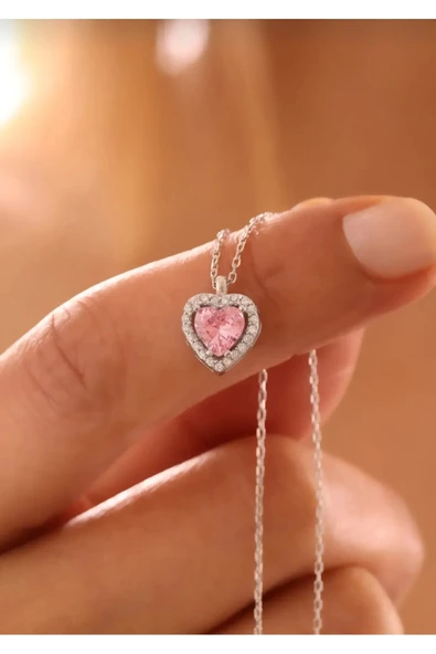 ÇEKİRDEK JEWELRY 925 Ayar Gümüş Pembe Taşlı Kalplı Kolye ürün görseli 1