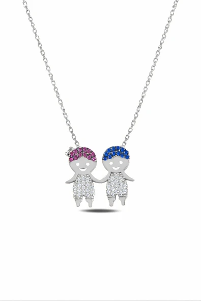 ÇEKİRDEK JEWELRY 925 Ayar Gümüş Rodyum Kaplama Anne Çocuk Kolye – Zirkon Taşlı Figürlü Kolye ürün görseli 1