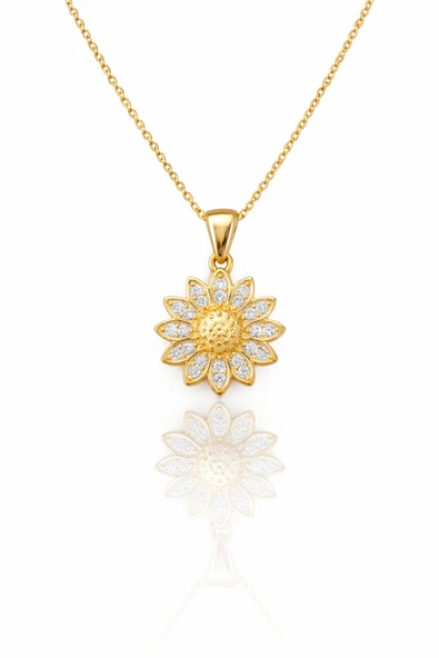 ÇEKİRDEK JEWELRY Seçenek 2: Altın Kaplama 925 Ayar Gümüş Taşlı Ayçiçeği Figürlü Kadın Kolye ürün görseli 1