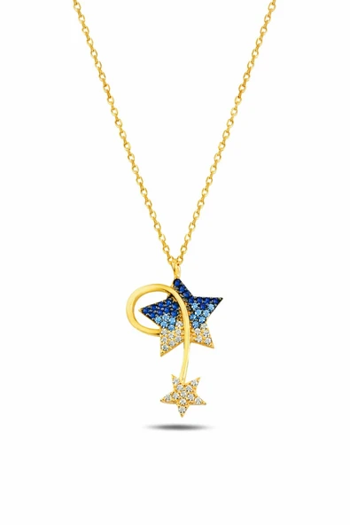 ÇEKİRDEK JEWELRY 925 Ayar Gümüş Gold Kaplama Yıldız Kolye – Mavi ve Beyaz Taşlı Şık Tasarım Kolye ürün görseli 1