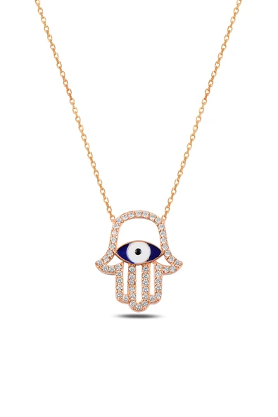 ÇEKİRDEK JEWELRY 925 Ayar Gümüş Nazar Boncuklu Fatma Ana Eli Kolye | Zirkon Taşlı Şık Tasarım ürün görseli 1