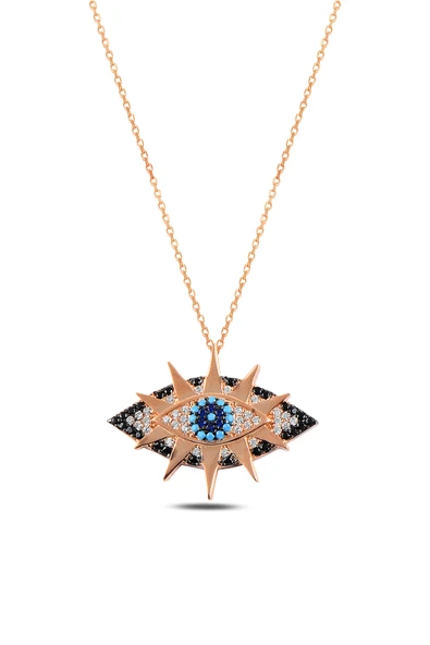 ÇEKİRDEK JEWELRY 925 Ayar Gümüş Rose Kaplama Göz Kolye Mavi Taşlı Nazar Model ürün görseli 1
