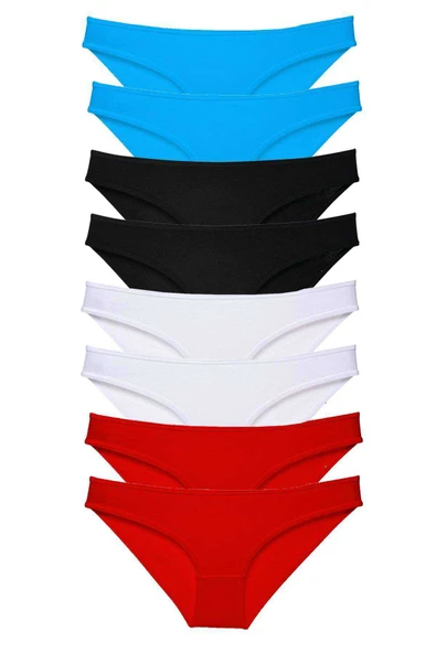 8 adet Süper Eko Set Likralı Kadın Slip Külot Siyah Kırmızı Beyaz Mavi ürün görseli 1