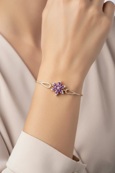 ÇEKİRDEK JEWELRY 925 Ayar Gümüş Zirkon Taşlı Çiçek Figürlü Zarif Altın Renk Kadın Bileklik ürün görseli 1
