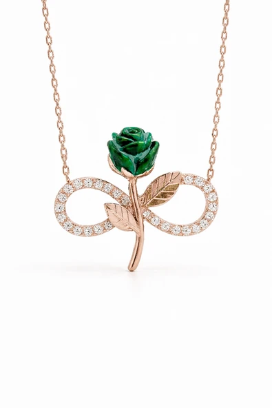 ÇEKİRDEK JEWELRY 925 Ayar Gümüş Sonsuzluk Figürlü Yeşil Gül Detaylı Kadın Kolye ürün görseli 1