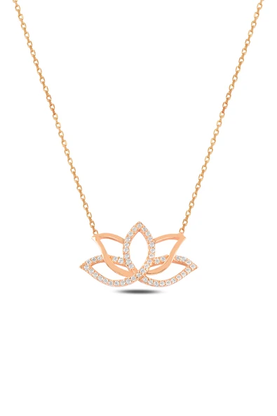 ÇEKİRDEK JEWELRY 925 Ayar Gümüş Lotus Çiçeği Kolye –Rose Kaplama Zirkon Taşlı Zarif Kadın Kolyesi ürün görseli 1