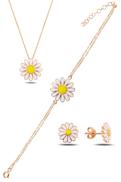 ÇEKİRDEK JEWELRY 925 Ayar Gümüş Rose Papatya Kolye Bileklik Küpe Seti – Sarı Mineli Çiçek Takım ürün görseli 1
