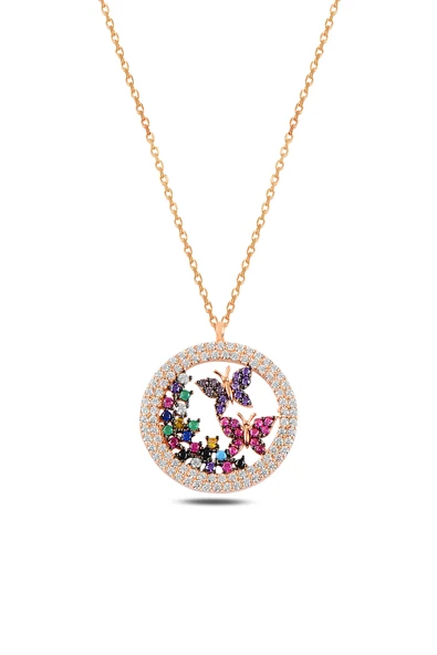 ÇEKİRDEK JEWELRY 925 Ayar Gümüş Sarı Altın Kaplama Renkli Taşlı Kelebekli Yuvarlak Kolye Zirkon Taşlı Şık Tasarım ürün görseli 1