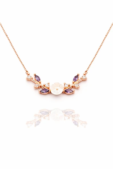 ÇEKİRDEK JEWELRY İnci Görünümlü Çiçek Tasarımlı Rose Altın Mor Taşlı Kolye 925 Ayar Gümüş ürün görseli 1
