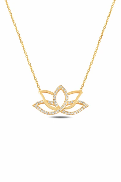ÇEKİRDEK JEWELRY 925 Ayar Gümüş Lotus Çiçeği Kolye – Sarı Altın Kaplama Zirkon Taşlı Zarif Kadın Kolyesi ürün görseli 1