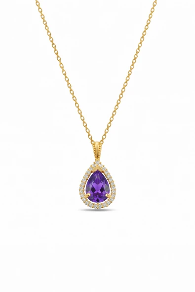 ÇEKİRDEK JEWELRY Damla Kesim Büyük Taşlı Gümüş Kolye 925 Ayar – Gold Kaplama Su Damlası Model ürün görseli 1