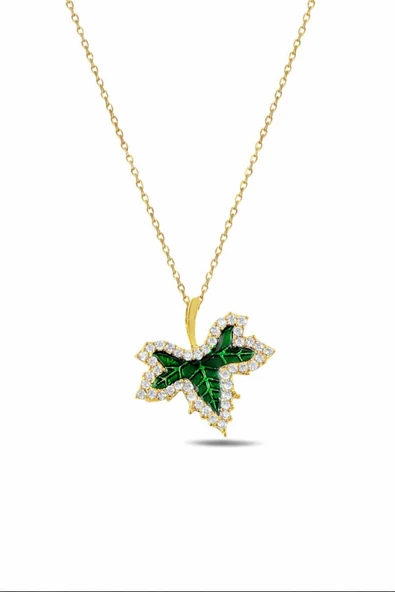 ÇEKİRDEK JEWELRY 925 Ayar Gümüş Sarı Altın Kaplama Zirkon Taşlı Yeşil Yaprak Kolye ürün görseli 1