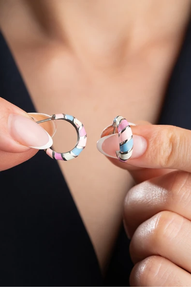 ÇEKİRDEK JEWELRY 925 Ayar Gümüş Renkli Desenli Tasarım Küpe ürün görseli 1