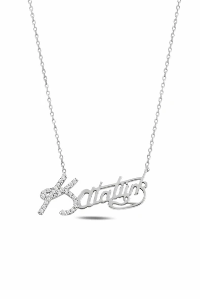 ÇEKİRDEK JEWELRY 925 Ayar Gümüş Atatürk İmzalı Kolye Rodyum Kaplama Taşlı Model ürün görseli 1