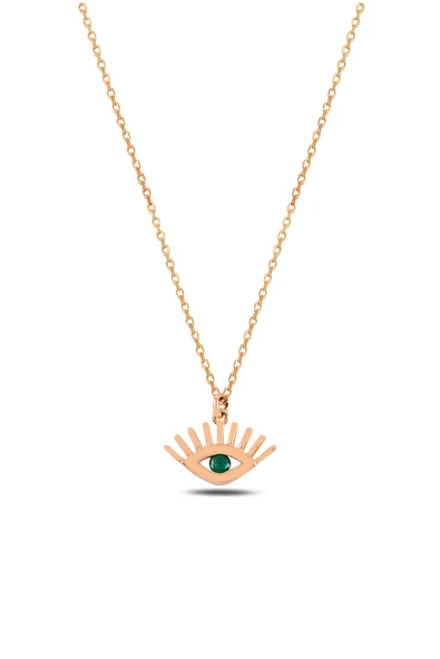 ÇEKİRDEK JEWELRY 925 Ayar Gümüş Rose Kaplama Yeşil Taşlı Göz Kolye – Zarif ve Modern Tasarım ürün görseli 1