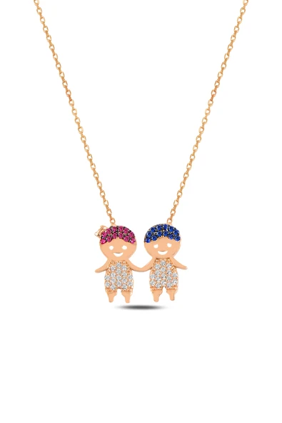 ÇEKİRDEK JEWELRY 925 Ayar Gümüş Rose Kaplama Anne Çocuk Kolye – Zirkon Taşlı Figürlü Kolye ürün görseli 1