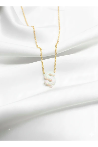 ÇEKİRDEK JEWELRY 925 Ayar Gümüş Zincirli Beyaz Opal Taş Harf Kolyeler ürün görseli 1