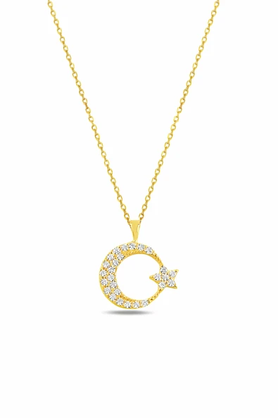ÇEKİRDEK JEWELRY 925 Ayar Gümüş Gold Kaplama Zirkon Taşlı Ay Yıldız Kolye – Parlak ve Şık Tasarım ürün görseli 1