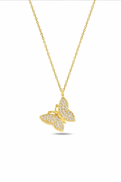 ÇEKİRDEK JEWELRY 925 Ayar Gümüş Gold Kaplama Kelebek Kolye – Zirkon Taşlı Zarif Kadın Kolye ürün görseli 1