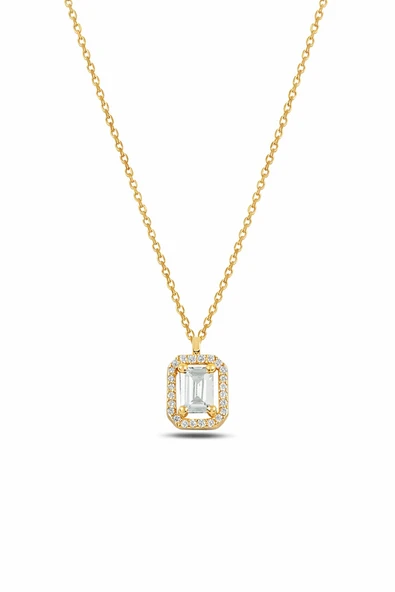 ÇEKİRDEK JEWELRY Baget Taşlı Sarı Altın Renkli Halo Kolye – Zarif ve Şık Tasarım ürün görseli 1
