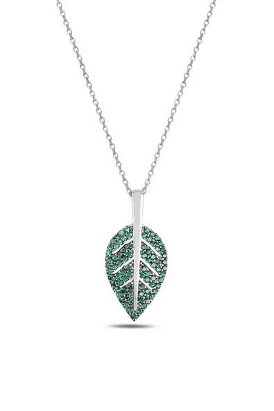 ÇEKİRDEK JEWELRY Yeşil Taşlı Yaprak Kolye 925 Ayar Gümüş Rodyum Kaplama Zarif Kadın Kolyesi ürün görseli 1