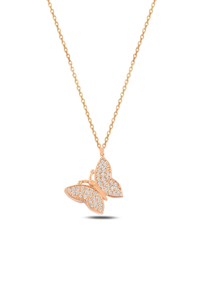 ÇEKİRDEK JEWELRY 925 Ayar Gümüş Rose Kaplama Kelebek Kolye – Zirkon Taşlı Zarif Kadın Kolye ürün görseli 1