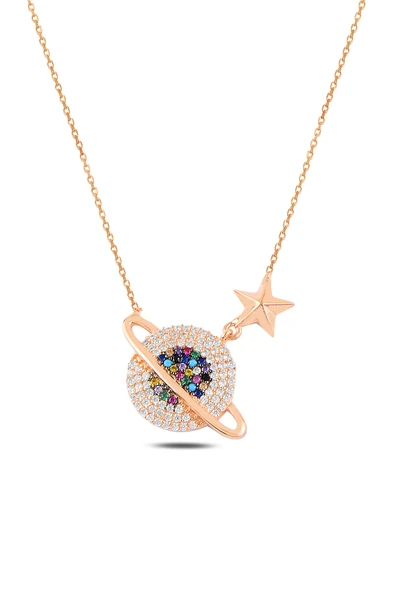 ÇEKİRDEK JEWELRY 925 Ayar Gümüş Renkli Taşlı Satürn ve Yıldız Figürlü Kolye Rose Gold Kaplama ürün görseli 1