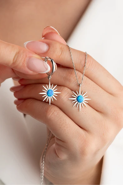 ÇEKİRDEK JEWELRY 925 Ayar Gümüş Opal Taşlı Kolye Küpe Seti ürün görseli 1